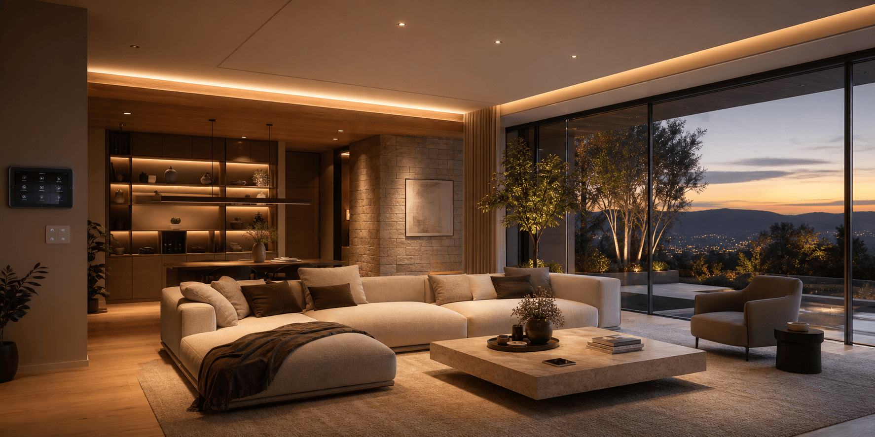 Premium smart living room with warm architectural lighting
